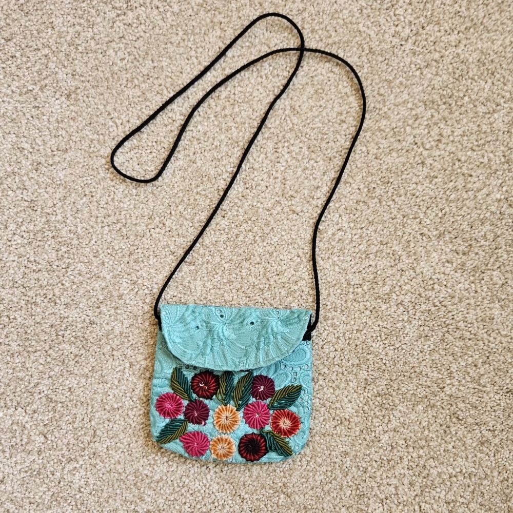 Hand Made Small Teal Floral Embroidered Crossbody Bag